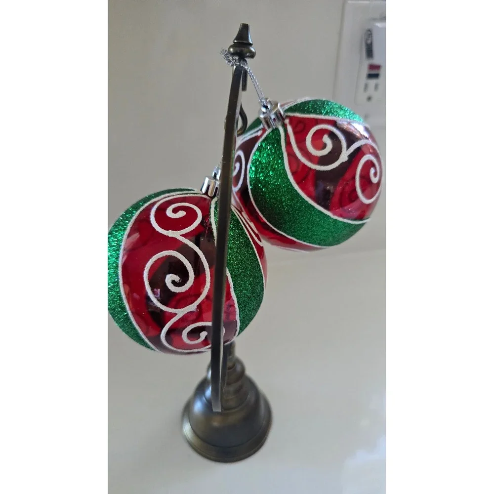 New Kurt Adler Set of 2 Red and Green Glitter Swirl Glass Christmas Ornaments